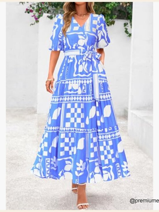 Summer Maxi Dress Boho Floral V Neck Puff Sleeve Ruffle Beach Resort - Picture 6 of 7